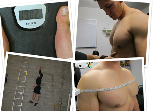 Nate Green workout and nutrition tests collage showing feet on a scale, dietician's hand on his stomach, vertical jump test using ladder rungs, chest circumference measurement with tape.